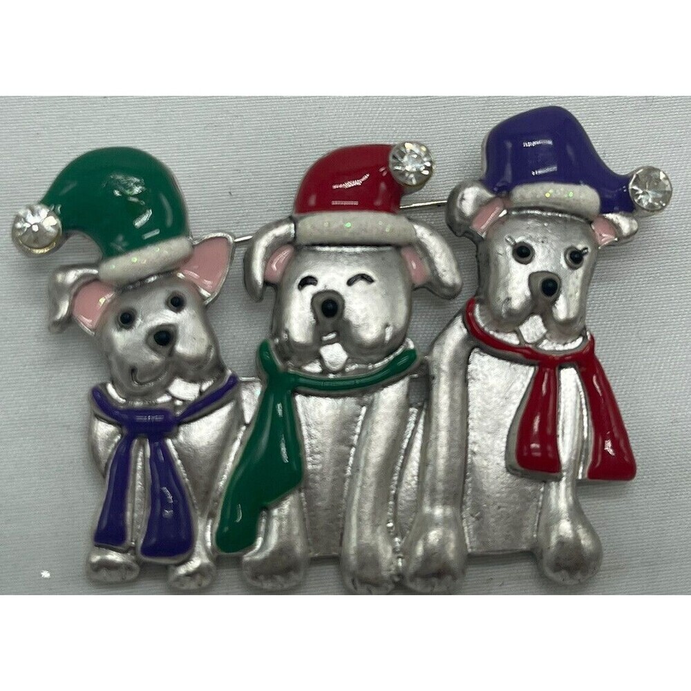 Vintage 1980s 3 Dogs Brooch Pin Christmas Red Green Silver Tone Metal